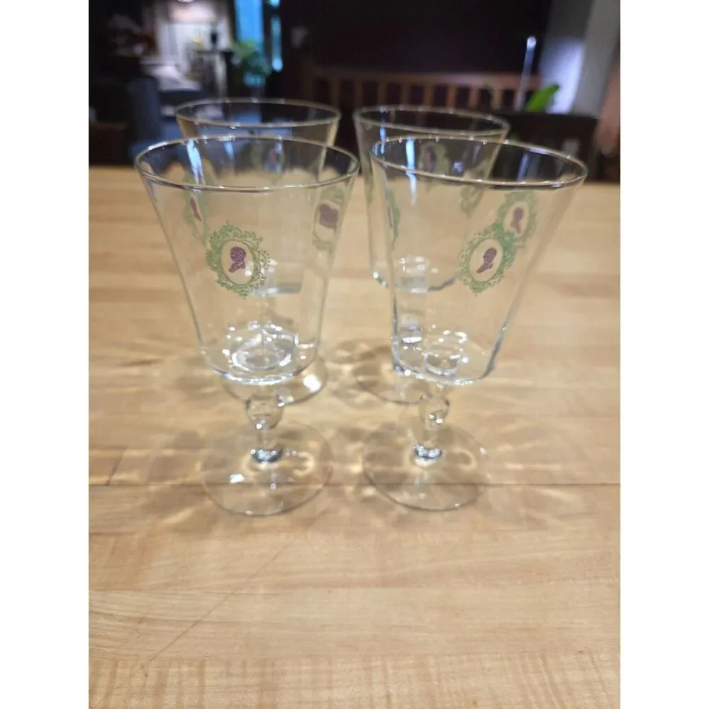 Vintage Cameo Silhouette Water Wine Goblets Set of 4 Green Filigree Clear Glass